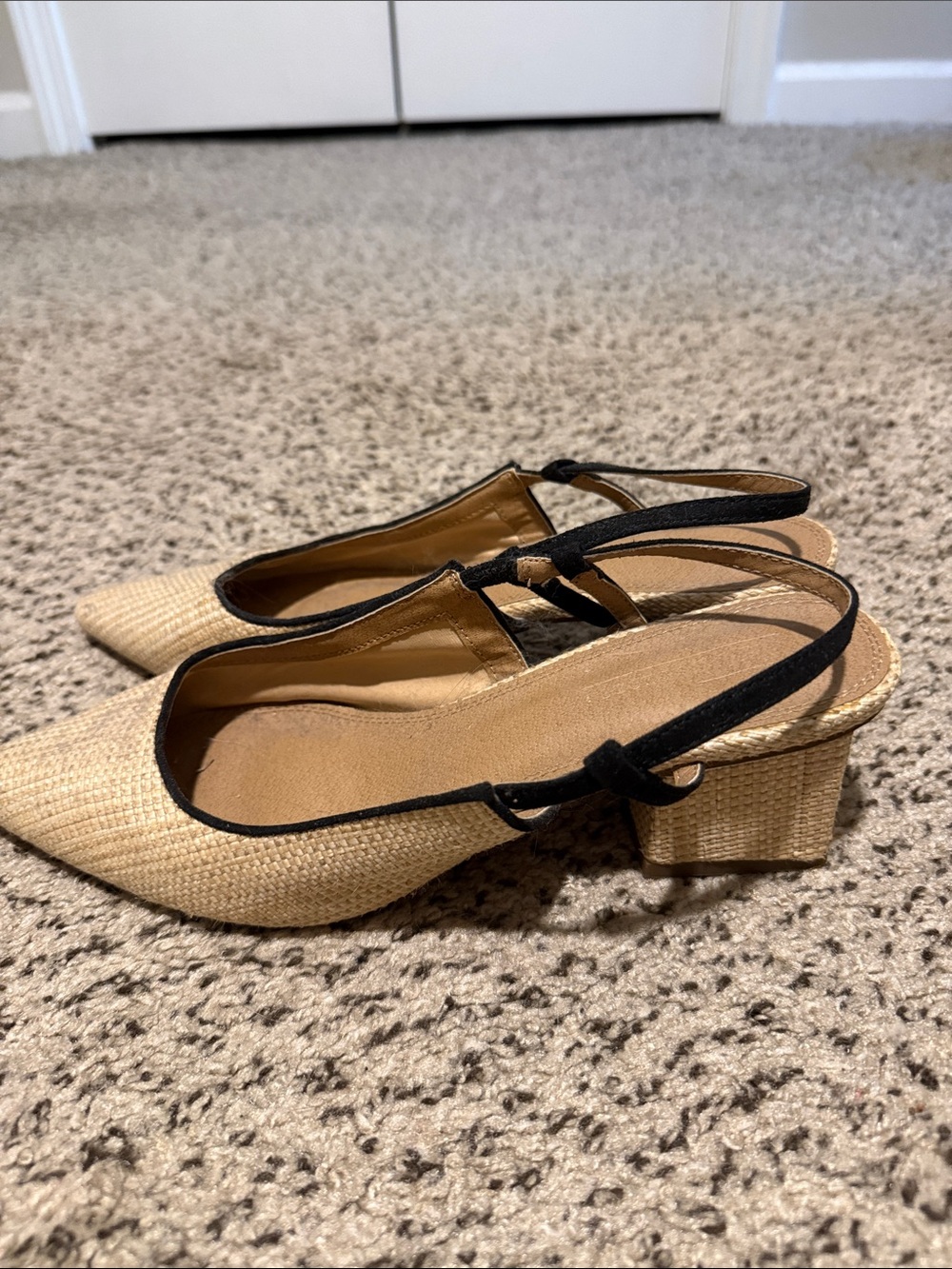ASOS Beige Raffia Slingback Block Heels with Black Trim